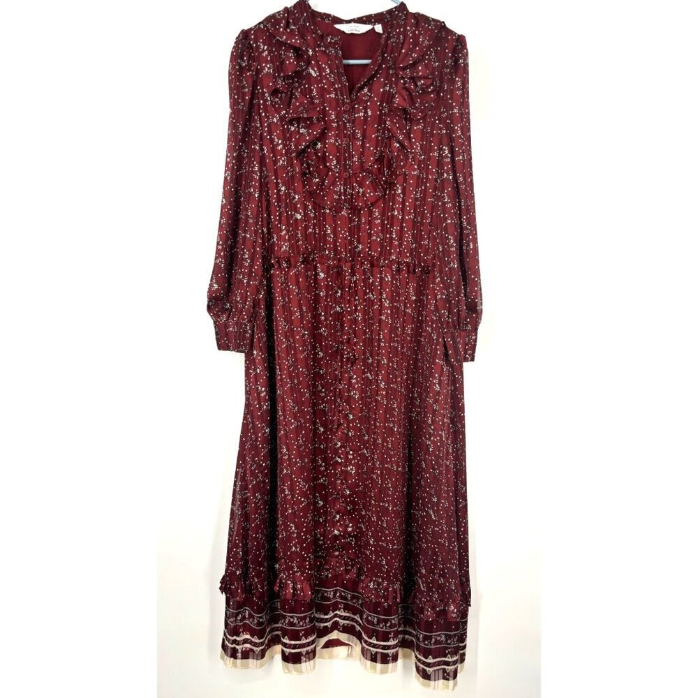 NWOT‎ &Other Stories Ruffle Yoke Waist Tied Dark Red Printed Maxi Dress 4
